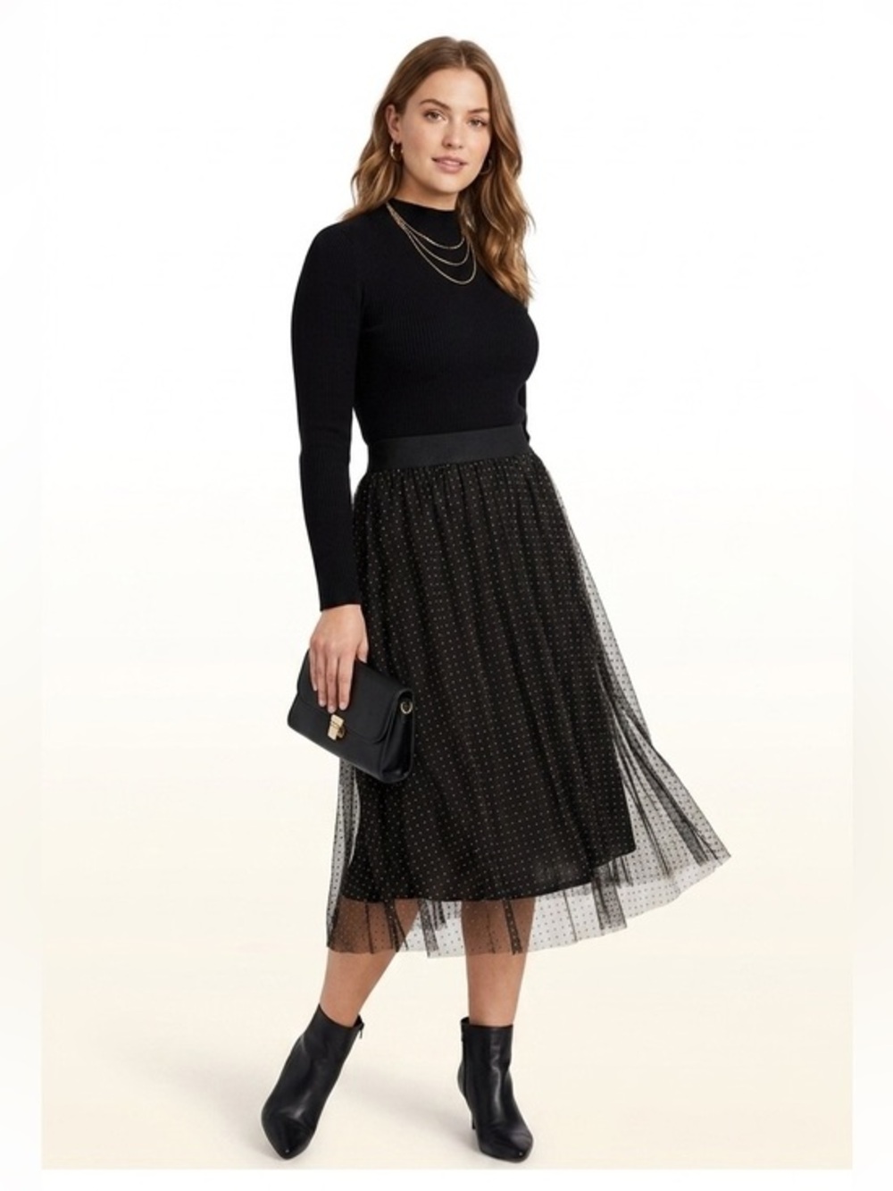 Time Tru Highrise Black Mesh Tulle Polkadot Midi Skirt Size Medium Lined